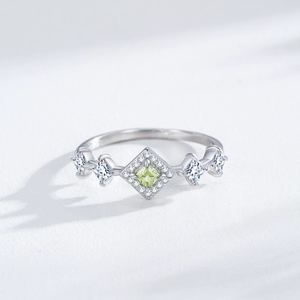 Elegant S925 silver crown ring with square green zircon and diamond micro-pave