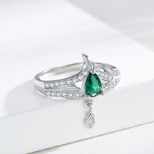 S925 sterling silver crown ring with teardrop green emerald and dangling zircon pendant