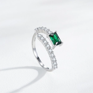 S925 sterling silver adjustable ring with square emerald cut green stone and zircon