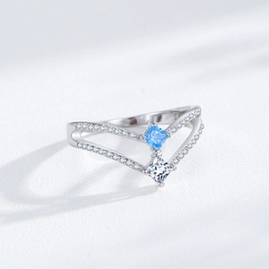 S925 sterling silver double-layer V-shaped ring with blue and white square stones