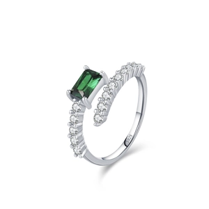 Elegant S925 sterling silver adjustable ring featuring a rectangular emerald gemstone