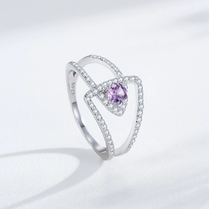 Bague double couche en argent S925 avec pierre violette et accents de zircone brillants