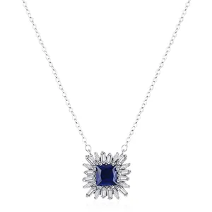 Collier Pendentif Tournesol en Zircone Carré Bleu en Argent Sterling 925 Bijoux de Chaîne de Clavicule de Luxe Légers Vintage pour Femmes