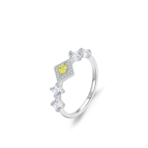Elegant S925 sterling silver ring with yellow square gemstone and diamond accents