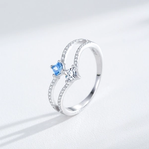 S925 sterling silver double-layer ring featuring square blue crystal and micro pavé stones