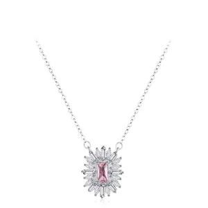 925 Sterling Silver Pink Zirconia Pendant Necklace For Women Luxury Full Drill Sunflower Design Elegant Choker Jewelry Gift