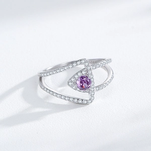 Bague géométrique en argent S925 avec pierre violette et pavé de diamants pour femme