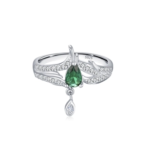 Vintage S925 silver crown ring with teardrop green gemstone and sparkling accents