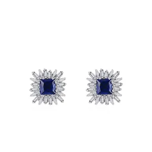 S925 Sterling Silver Vintage Blue Square Zirconia Stud Earrings For Women Luxurious Sun Halo Sparkling Geometric Ear Jewelry