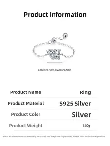 Detailed view of S925 sterling silver chain ring with zircon charms and size specifications