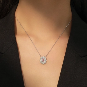 Luxury S925 silver sun flower necklace with pink rectangle gemstone and baguette diamonds