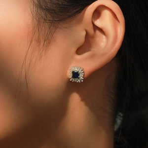 Elegant S925 silver stud earrings with deep blue square stone and sunburst zircons