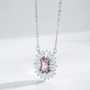 S925 sterling silver necklace with pink floral zircon pendant and luxury sun flower design