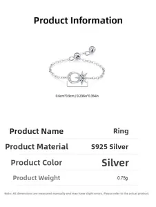 Detail view of S925 silver chain ring with moon star charm and product specifications