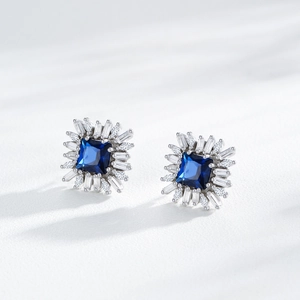 Vintage S925 sterling silver square blue sapphire studs with radiant diamond halo