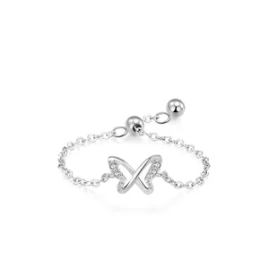 925 Sterling Silver Hollow Butterfly Adjustable Chain Ring Shiny Zirconia Embellished Open Finger Ring Fashion Women Jewelry Gift