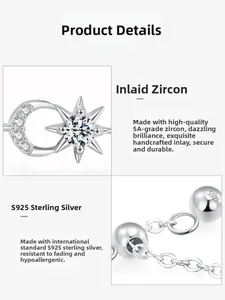 Macro detail of S925 sterling silver ring showing moon star design and zircon stones