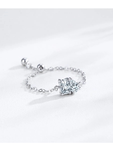 Macro detail of S925 silver chain ring with emerald and pear cut zircon stones