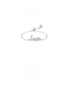 Detail of S925 silver LOVE chain ring featuring micro-pave crystals and adjustable beads