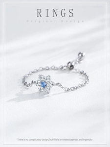 Bague chaîne ajustable en argent 925 avec fleur de prunier, pierre bleue et fermoir coulissant