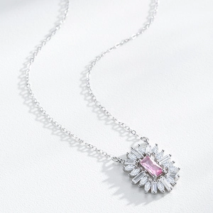 Elegant S925 silver necklace featuring a pink square zircon pendant with sunburst diamonds
