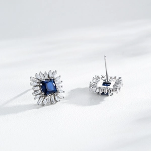 Vintage S925 silver square blue sapphire studs with sparkling diamond halo pattern