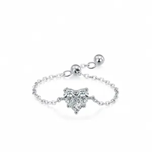 Bague Chaîne Réglable en Argent Sterling 925 avec Zirconia en Forme de Cœur pour Femme Bijoux de Mode Minimaliste