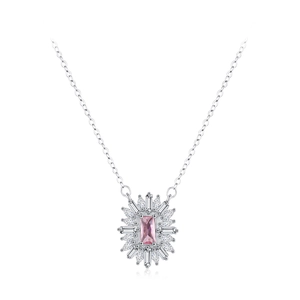 Luxury S925 sterling silver necklace with pink rectangular zircon and floral pendant