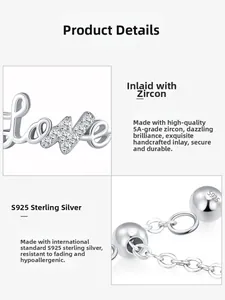 Macro detail of S925 sterling silver Love charm with 5A cubic zirconia stones