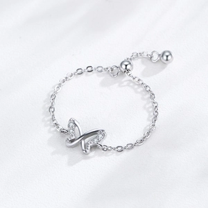 Exquisite S925 sterling silver butterfly chain ring with adjustable zircon stones design