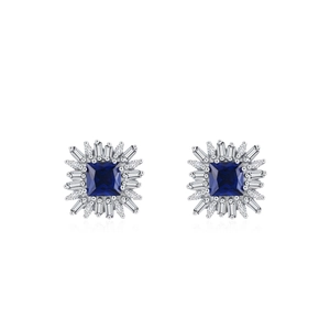Vintage S925 sterling silver square blue sapphire studs with halo diamond setting
