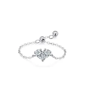 S925 Sterling Silver Heart Shaped Zirconia Chain Ring For Women Niche Design Adjustable Drawstring Soft Chain Ring Jewelry