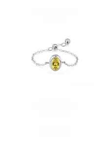 Close-up of S925 silver chain ring with oval yellow gemstone and adjustable bead slide
