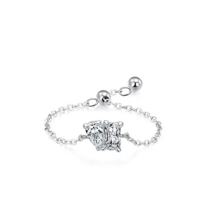 Exquisite 925 Sterling Silver Geometric Sugar Cube Zirconia Chain Ring For Women Fashion Adjustable Open Finger Ring Jewelry