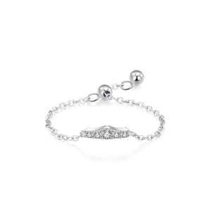 Adjustable sterling silver wave chain ring featuring five sparkling round white zircons