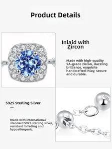 Detailed view of S925 sterling silver ring with blue zircon and micro-pave setting