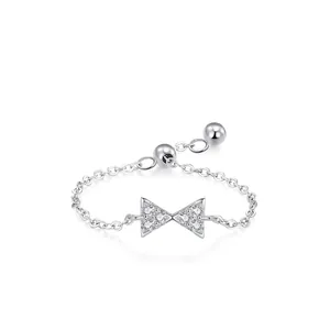 Elegant 925 Sterling Silver Bow Adjustable Chain Ring For Women Fashion Zirconia Inlaid Stackable Finger Ring Jewelry