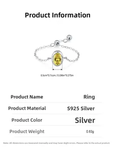 Macro detail of S925 silver chain ring featuring an oval yellow gemstone and size markings