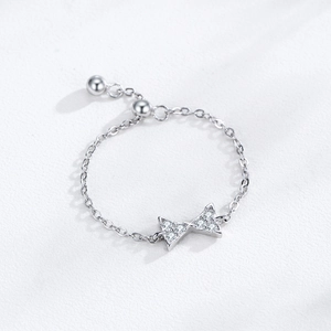 Adjustable S925 sterling silver bow chain ring with sparkling zircon stones in white