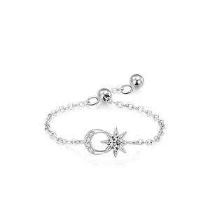 S925 Sterling Silver Moon Star Chain Open Ring For Women Luxurious Adjustable Zirconia Inlaid Finger Ring Fashion Jewelry