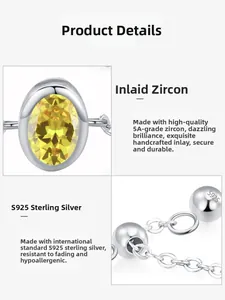 Macro detail of S925 sterling silver ring with 5A yellow oval zircon and link chain design