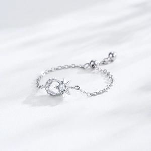 Adjustable S925 sterling silver chain ring with celestial moon and star pavé detail