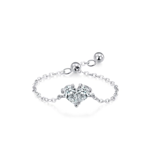Minimalist S925 silver double heart zircon chain ring with adjustable sliding bead
