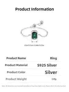 Detail of S925 silver adjustable ring with emerald green zircon and chain specifications