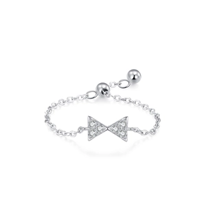 Adjustable 925 sterling silver bow knot chain ring with sparkling micro-pave crystals