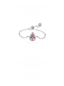 Detailed shot of S925 silver adjustable chain ring with pink pear-cut zircon stone