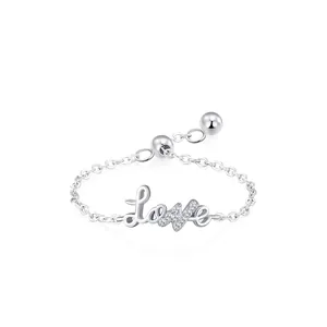925 Sterling Silver Love Letter Adjustable Chain Ring Zirconia Inlaid Minimalist Open Ring For Women Jewelry Gift