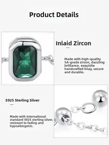 Detail view of S925 sterling silver ring with emerald-cut green zircon and 5A quality setting