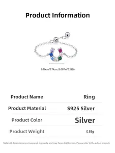 Detail of S925 silver U-shape ring with colorful cubic zirconia stones and measurements