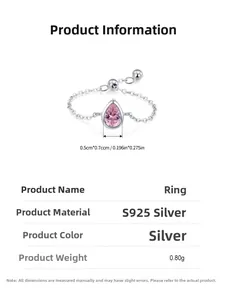 Macro shot of S925 sterling silver chain ring featuring pink pear-cut zircon and adjustable bead